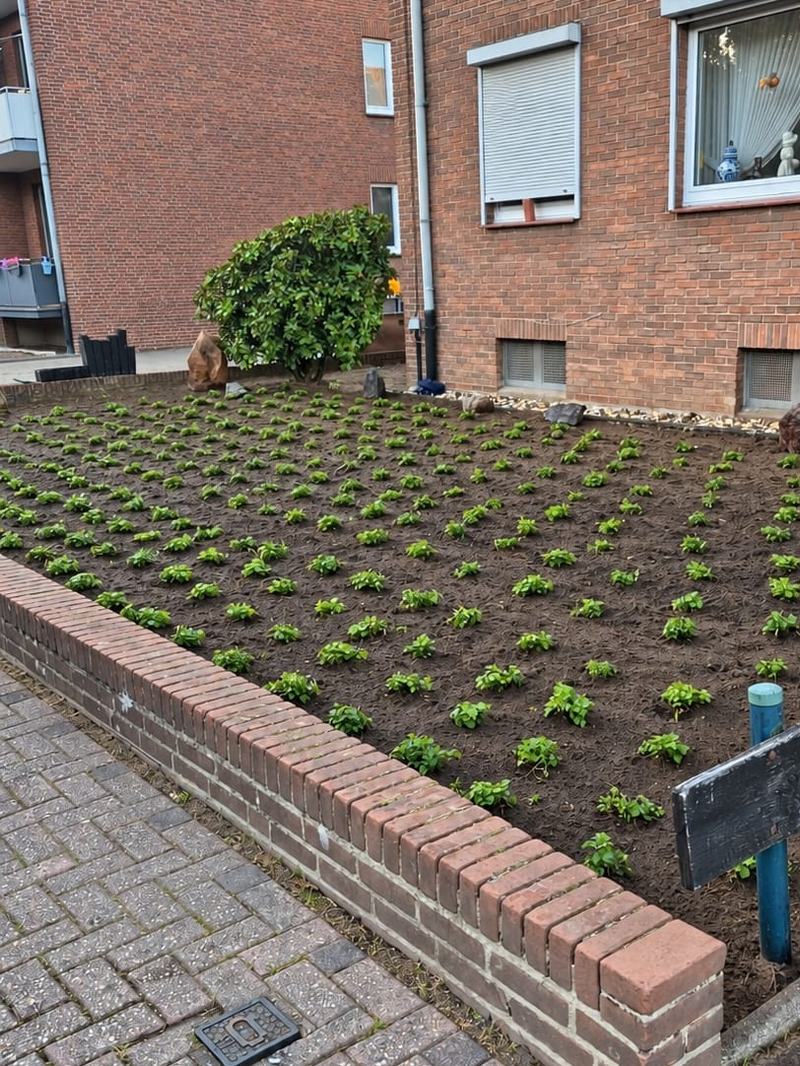 Vorgartenbeet nach der Neuanlage, frisch bepflanzt vor einem Mehrfamilienhaus