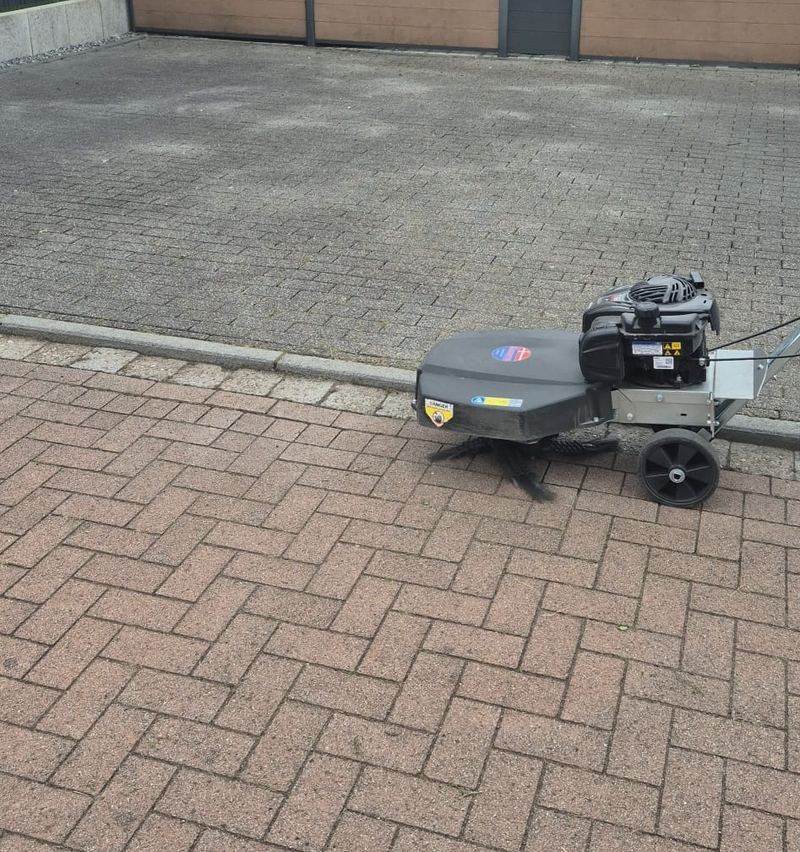 Gepflasterte Hoffläche vor einer Garagenzeile, am Rand steht die Wildkrautbürste